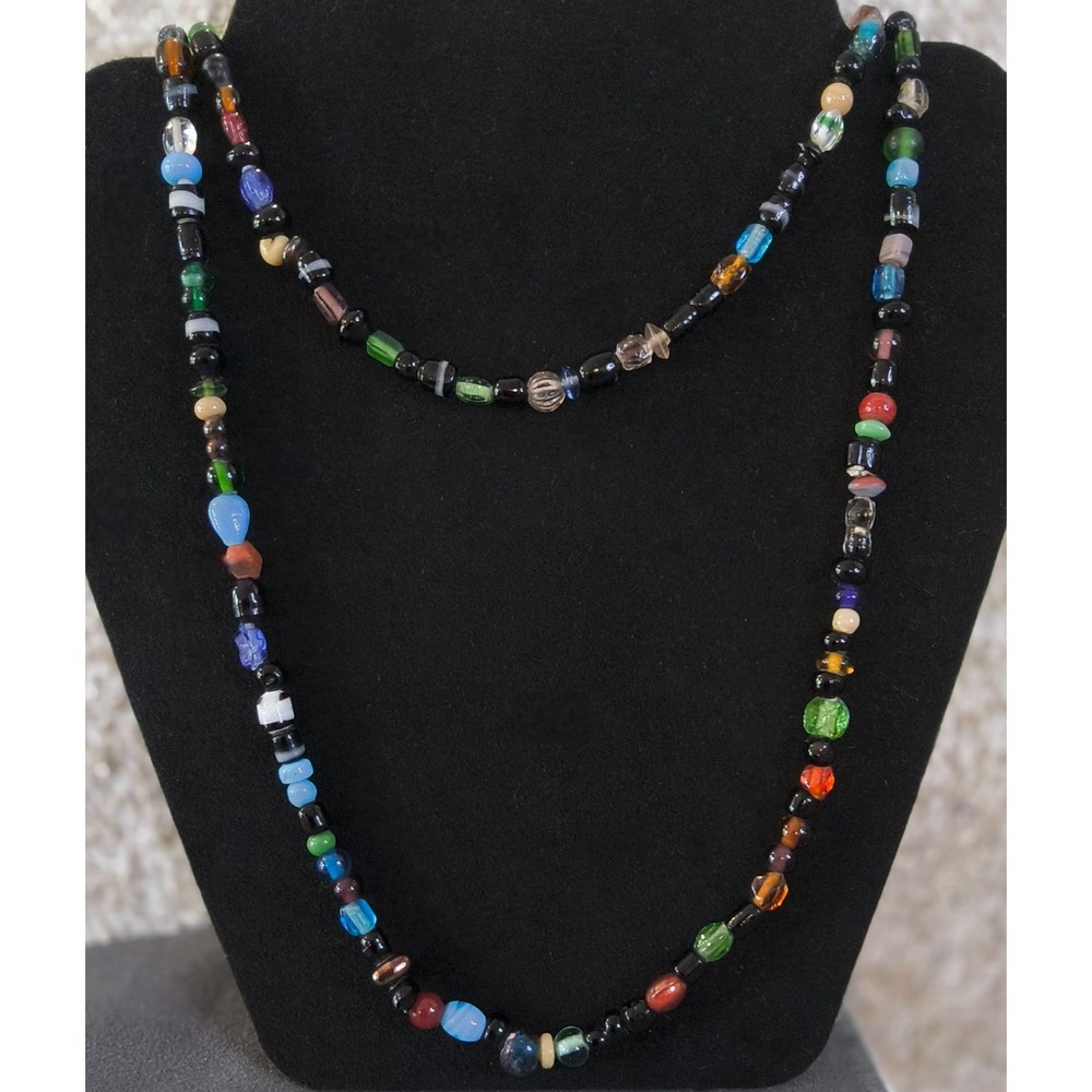 Vintage Long Multicolour Art Glass Bead Layering Necklace Boho